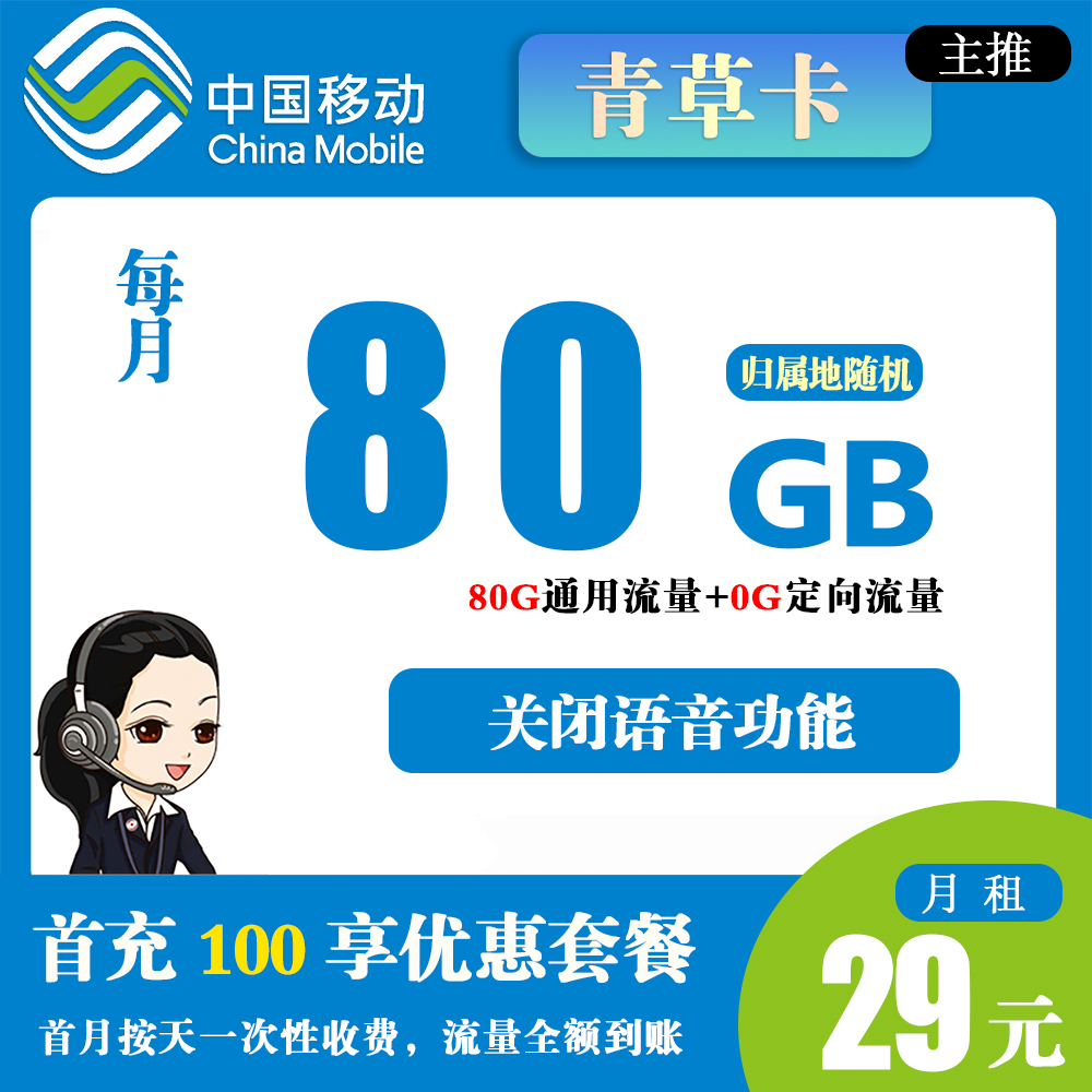 A1404/移动青草卡29元80G流量【发全国】