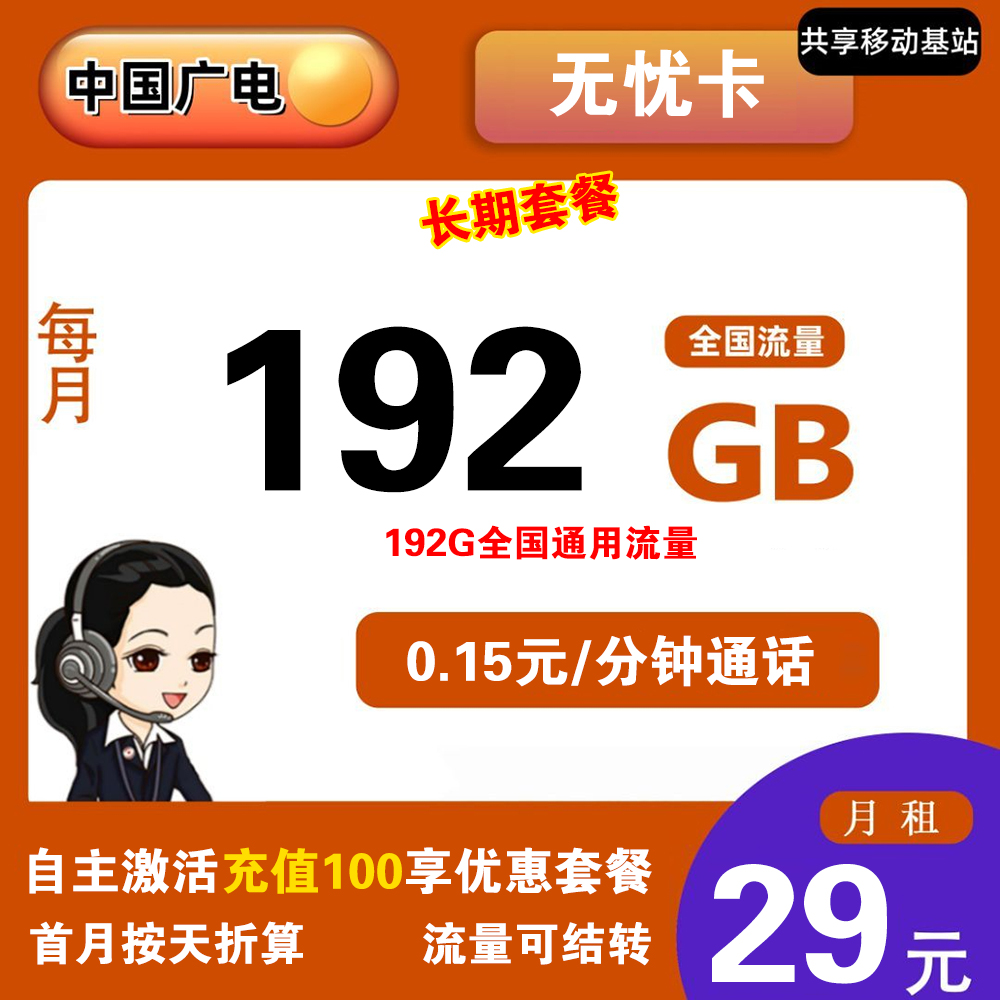 W1494/广电无忧卡29元192G流量+0.15元/分钟通话【发全国】【长期套餐】