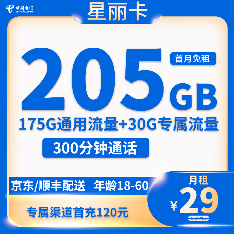 电信-星丽卡29元205G流量+300分钟【只发浙江省内】