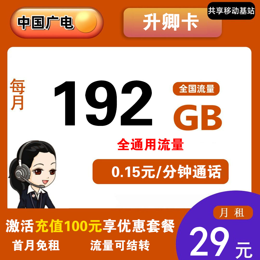 F1573/广电升卿卡29元192G流量+0.15元/分钟通话【发全国】【五年套餐】