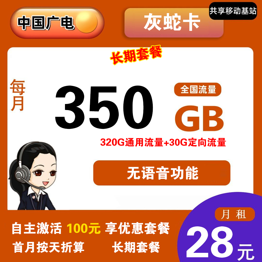 W1587/广电灰蛇卡28元350GB流量【发全国】【长期套餐】