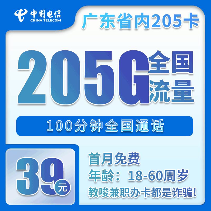 广东省内电信39元205G+100分钟【仅发广东】