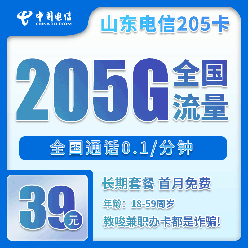 山东省内电信39元205GB+0.1元/分钟【仅发山东】