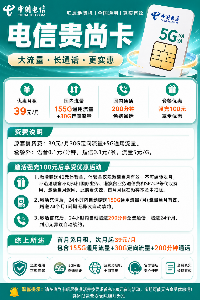 贵州电信【39元185G流量+200分钟】 详情图 1