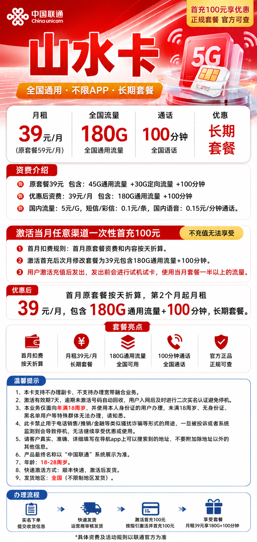 联通山水卡【39元180G通用+100分钟】 详情图 1