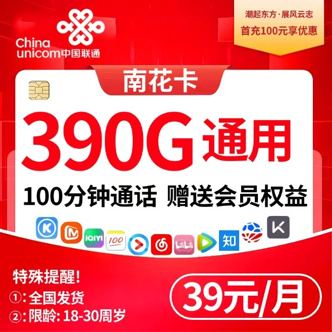 联通南花卡【39元390G+100分钟+会员（4年）】