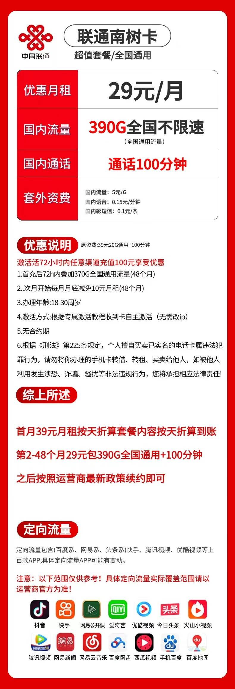 联通南树卡【29元390G+100分钟（4年套餐）】 详情图 1
