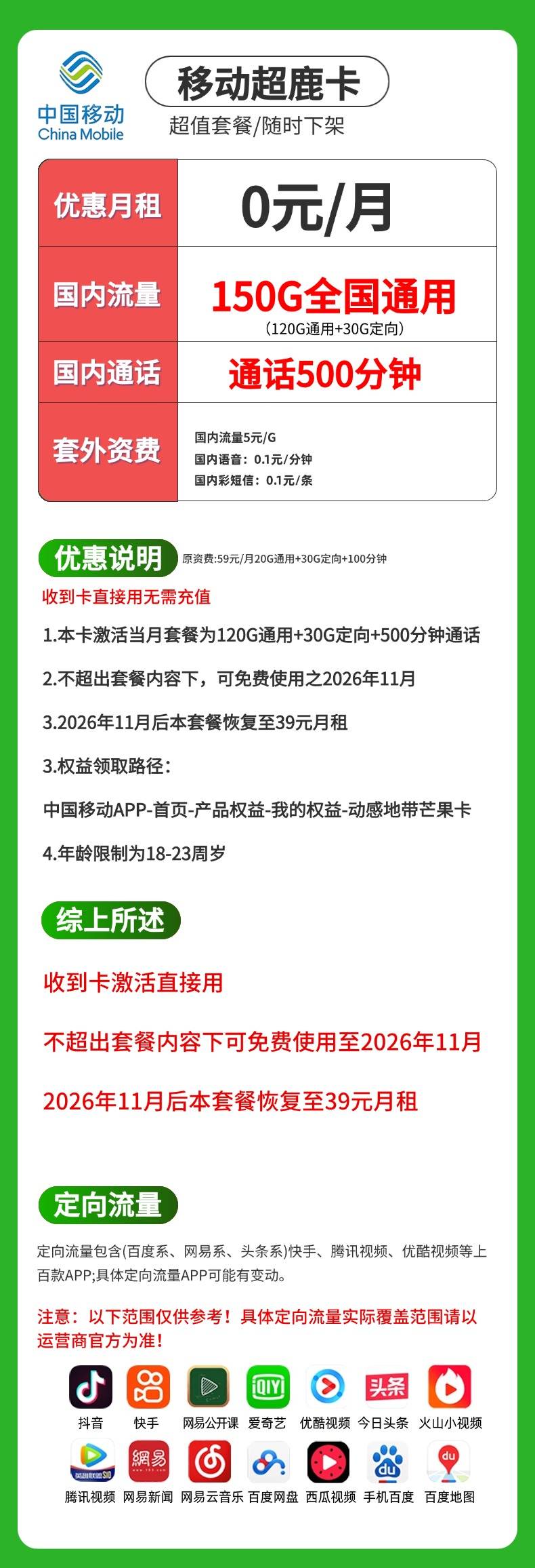 移动超鹿卡【0元150G流量＋500分钟】 详情图 1