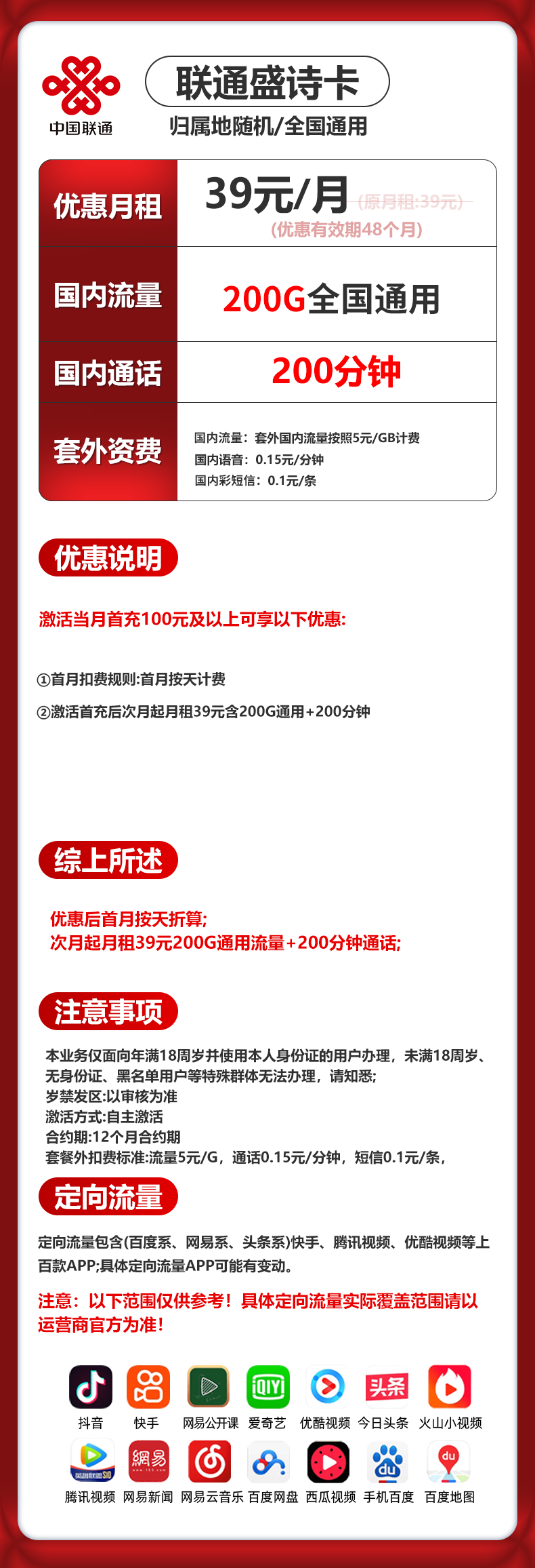 联通盛诗卡【39元200G＋200分钟】流量结转 详情图 1