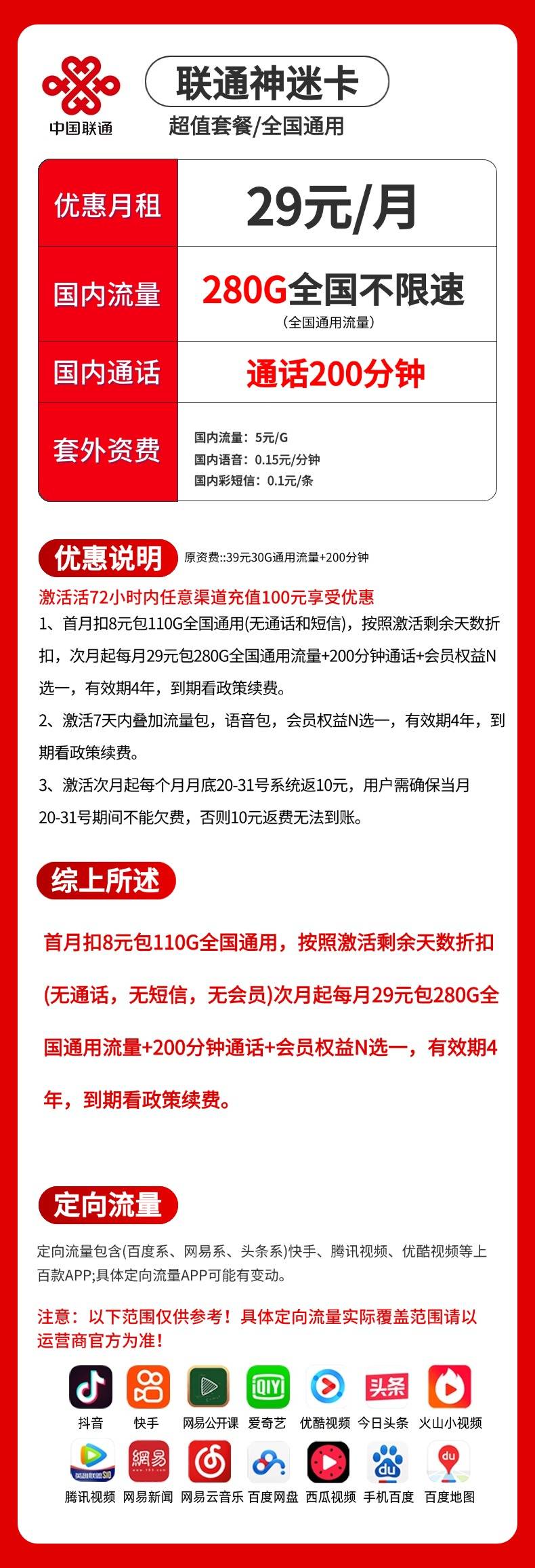 联通神迷卡【29元280G+300分钟+权益N选一】 详情图 1