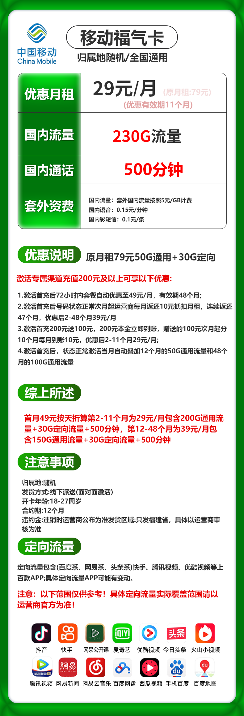 福建移动【29元 230G+500分钟】 详情图 1