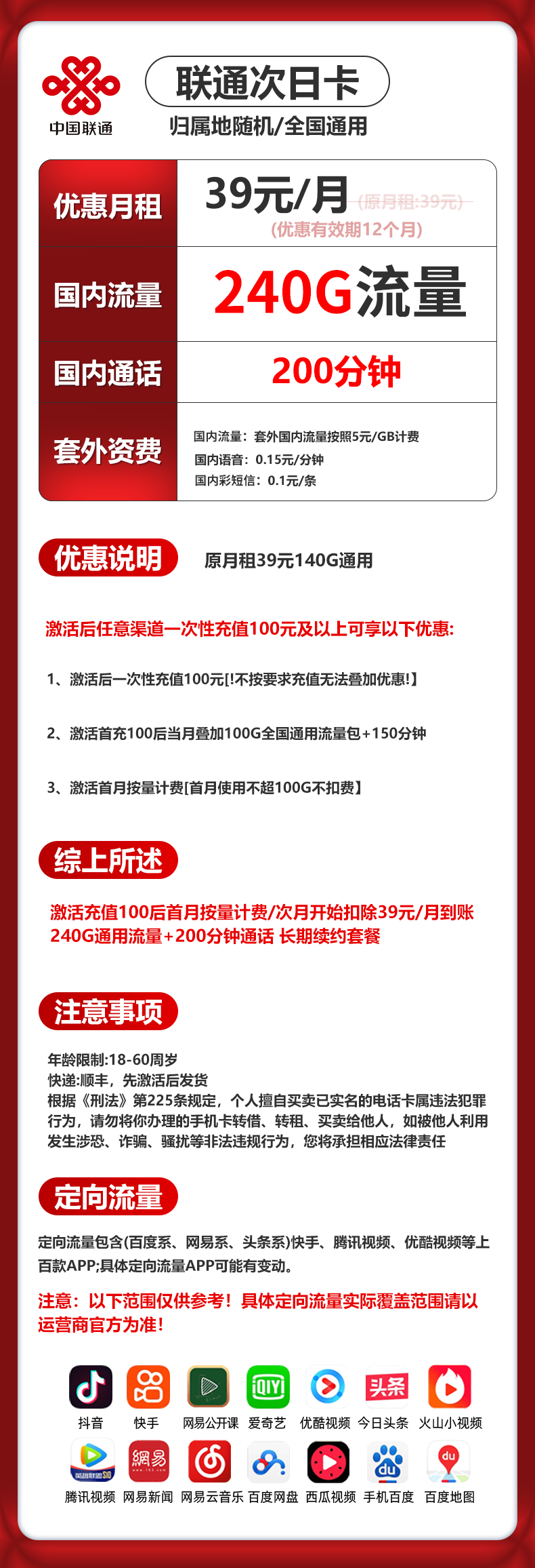 联通次日卡【39元包240G+200分钟】 详情图 1