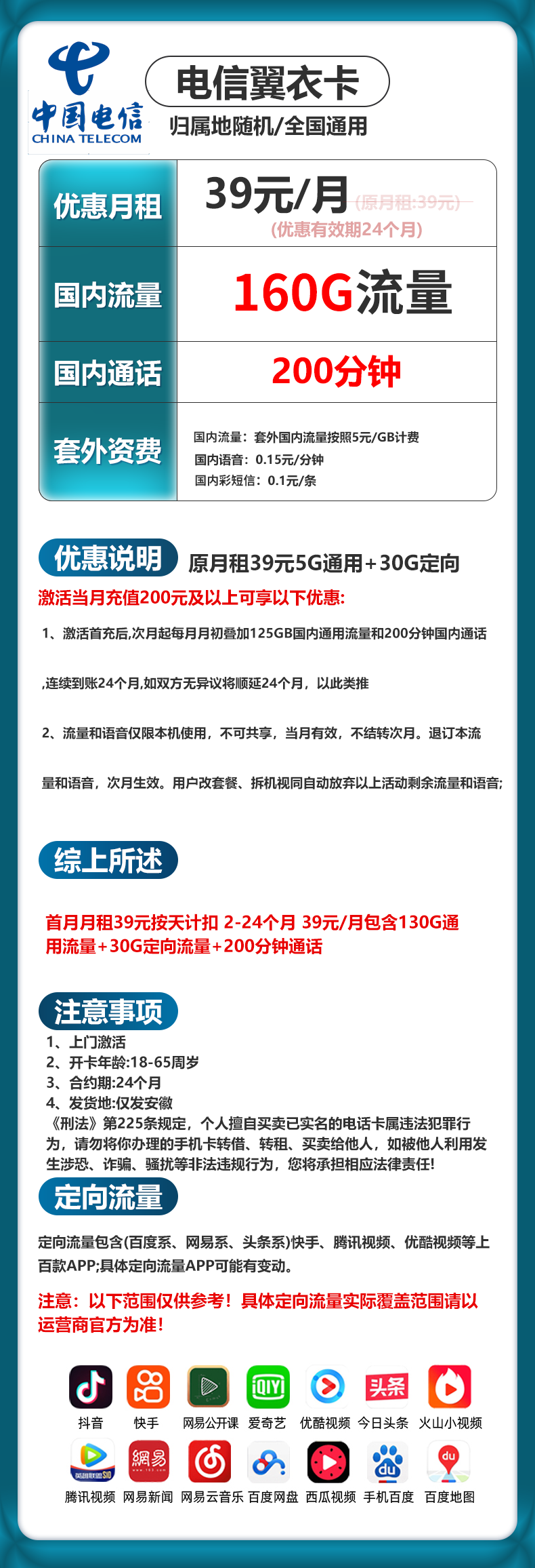 湖北电信【39元160G+200分钟】 详情图 1