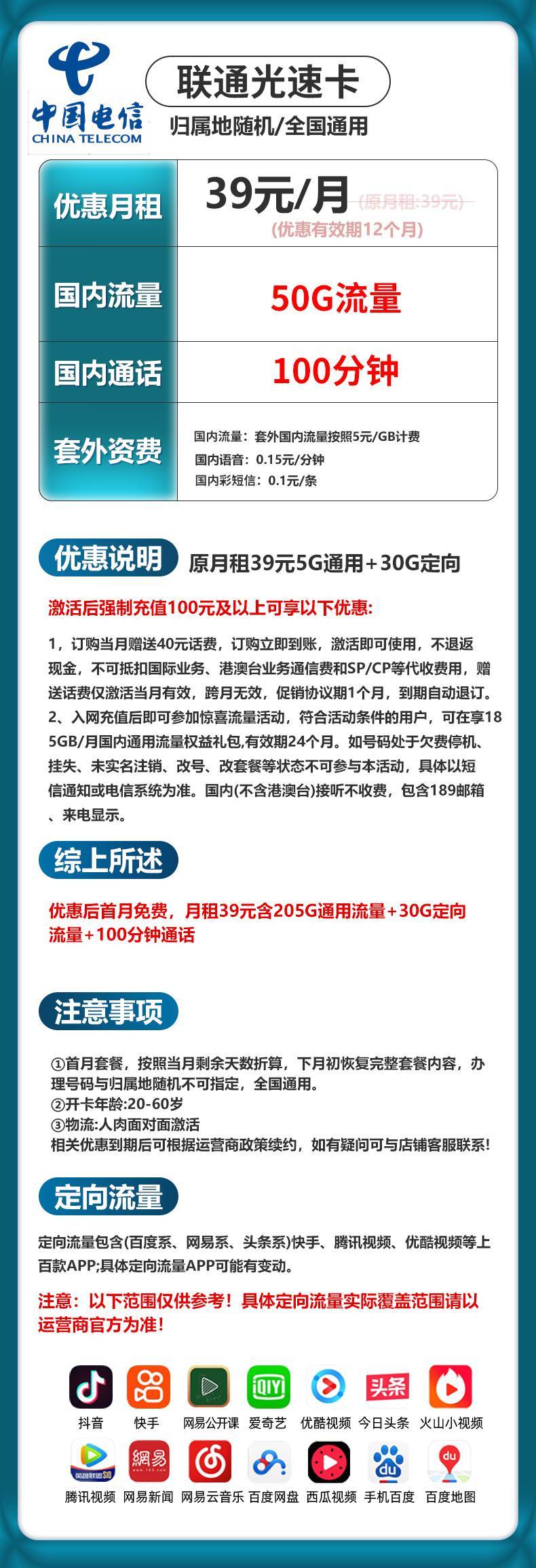 电信光速卡【39元50G+100分钟】 详情图 1