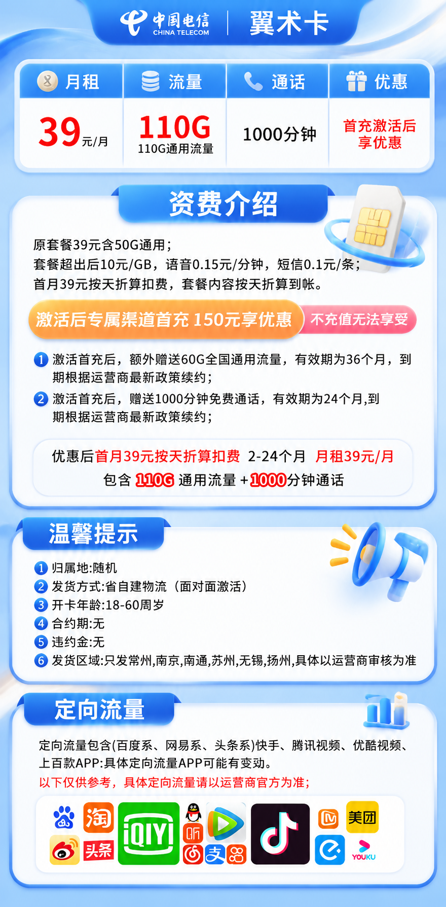江苏电信【39元110G+1000分钟】 套餐资料图 1